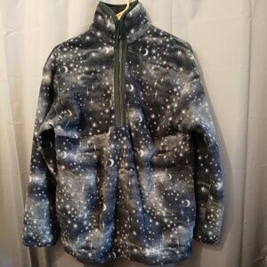 New Celestial Stars & Moon Fleece Full Zip up Sweatshirt women L Gray w/ Pockets